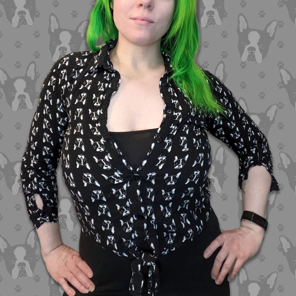 **SOLD** ADORABLE Boston Terrier Top -- Tie Front, Button Down, 3/4 Sleeves